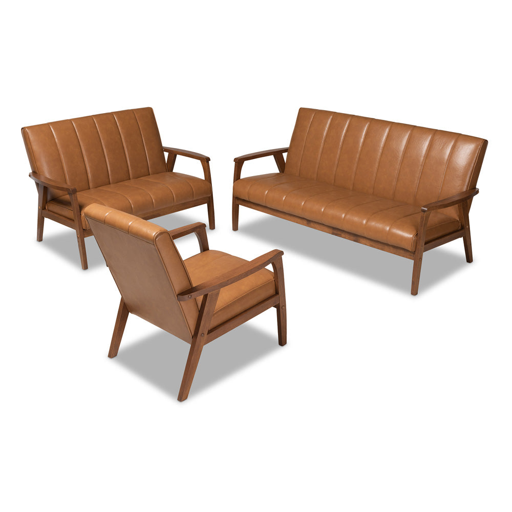 Baxton Studio - Nikko Sofa Set in Tan/walnut brown - BBT8011A2-Tan 3PC Set view 1