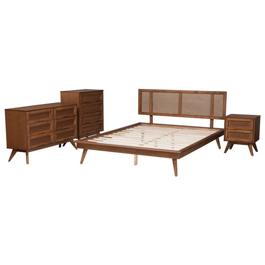 Baxton Studio - Nura Full Bedroom Set in Walnut Brown/Brown - Nura-Ash Walnut Rattan-Full 4PC Bedroom Set view 2