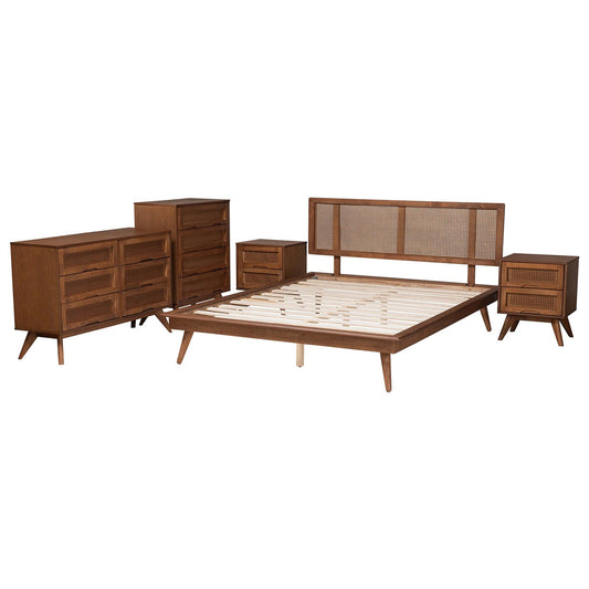Baxton Studio - Nura Full Bedroom Set in Walnut Brown/Brown - Nura-Ash Walnut Rattan-Full 5PC Bedroom Set view 2