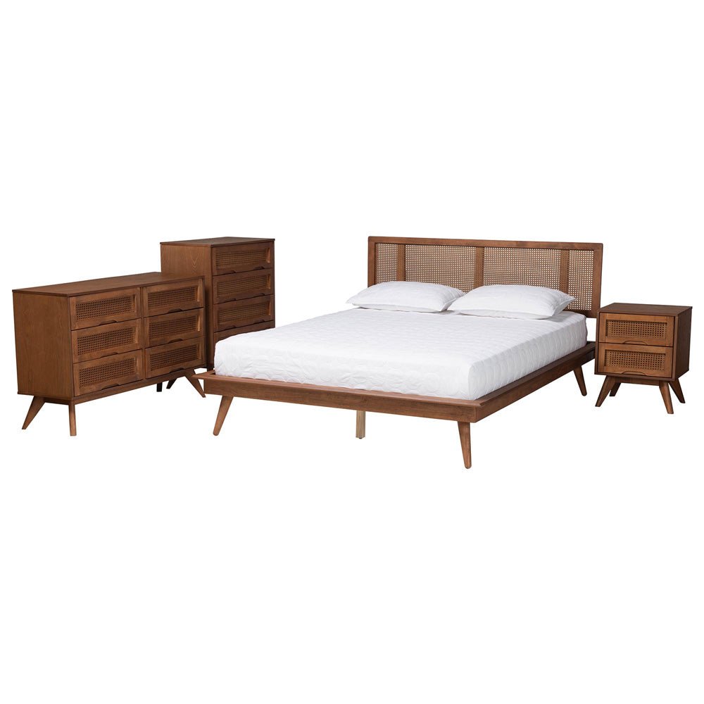 Baxton Studio - Nura King Bedroom Set in Walnut Brown/Brown - Nura-Ash Walnut Rattan-King 4PC Bedroom Set view 1