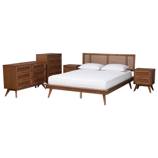 Baxton Studio - Nura King Bedroom Set in Walnut Brown/Brown - Nura-Ash Walnut Rattan-King 5PC Bedroom Set view 1
