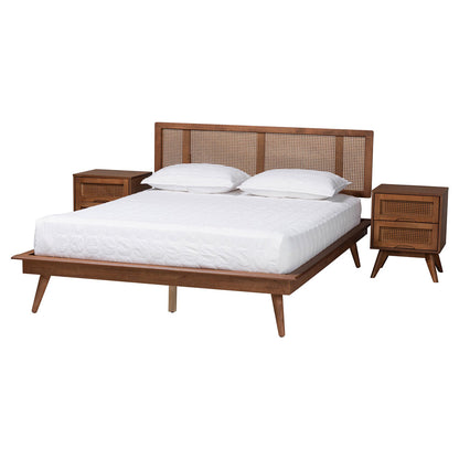 Baxton Studio - Nura Queen Bedroom Set in Walnut Brown/Brown - Nura-Ash Walnut Rattan-Queen 3PC Bedroom Set view 1
