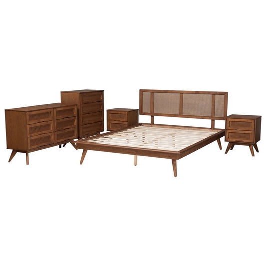Baxton Studio - Nura Queen Bedroom Set in Walnut Brown/Brown - Nura-Ash Walnut Rattan-Queen 5PC Bedroom Set view 2
