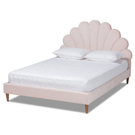 Baxton Studio - Odille Queen Size Bed in Light Pink/Walnut - BBT6897-Light Pink Velvet/Walnut-Queen view 1