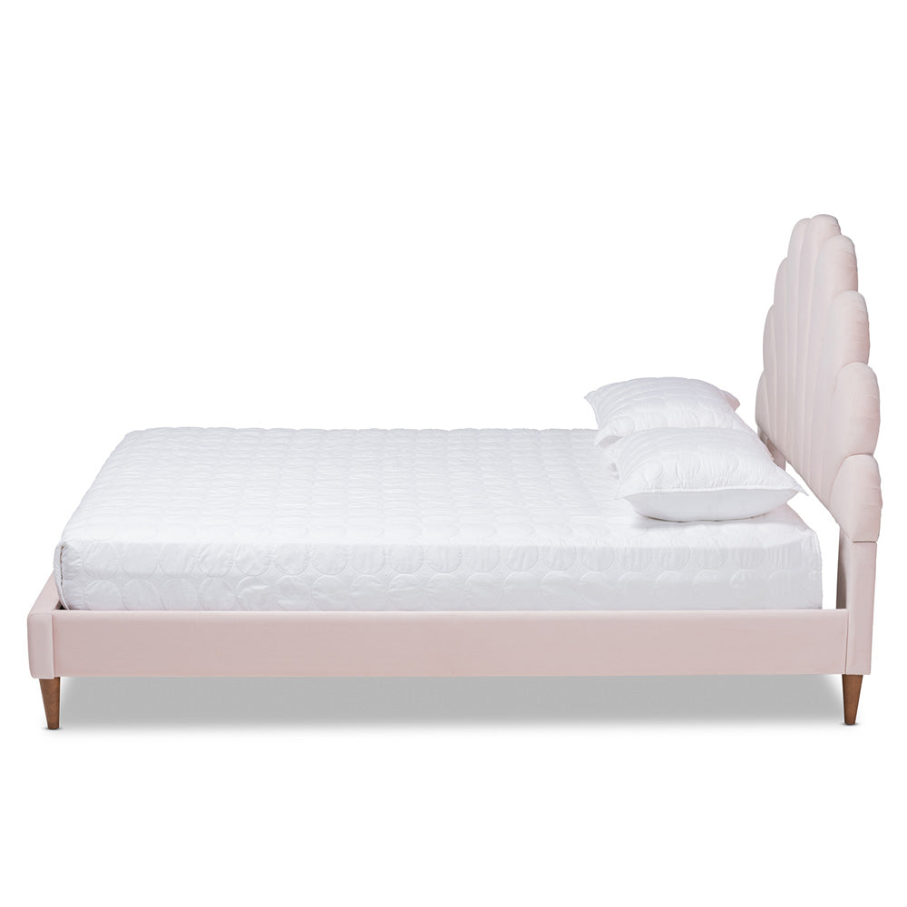 Baxton Studio - Odille Queen Size Bed in Light Pink/Walnut - BBT6897-Light Pink Velvet/Walnut-Queen view 2