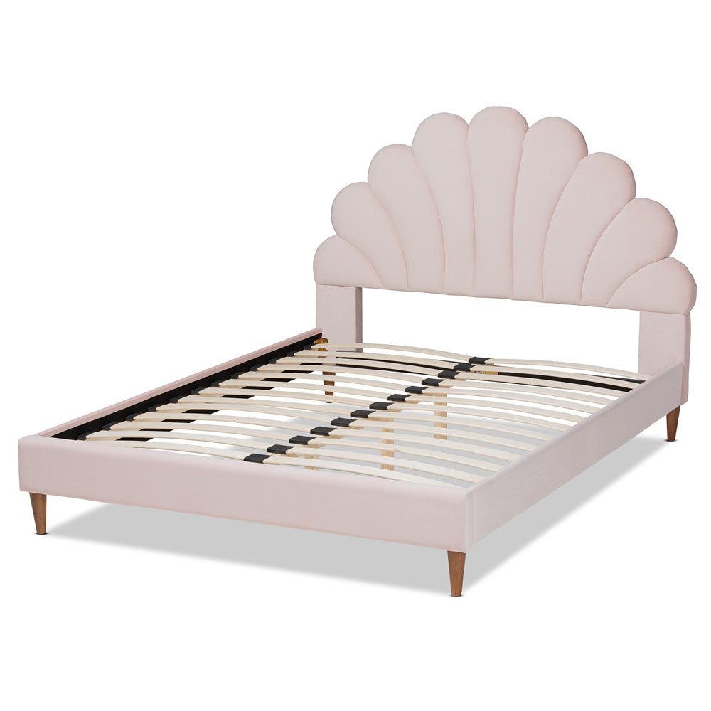 Baxton Studio - Odille Queen Size Bed in Light Pink/Walnut - BBT6897-Light Pink Velvet/Walnut-Queen view 3