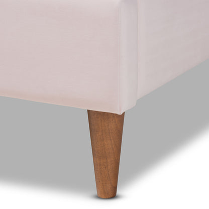 Baxton Studio - Odille Queen Size Bed in Light Pink/Walnut - BBT6897-Light Pink Velvet/Walnut-Queen view 5