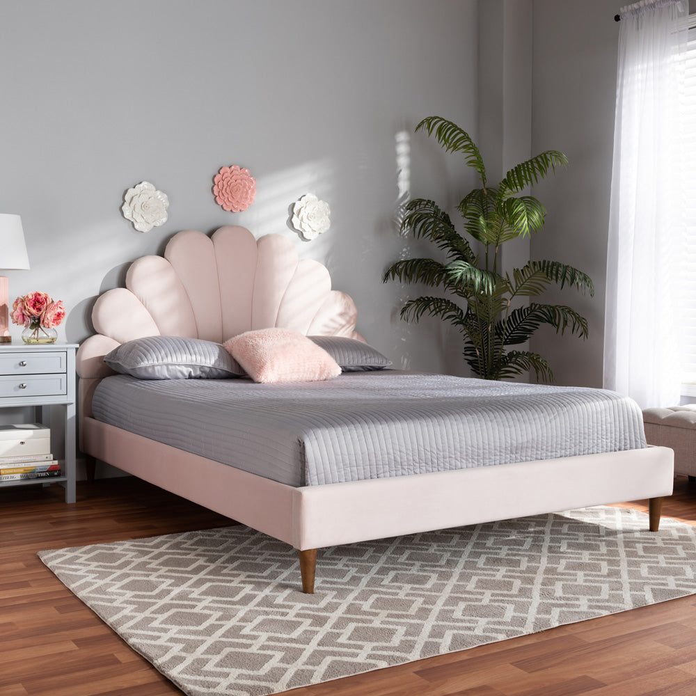 Baxton Studio - Odille Queen Size Bed in Light Pink/Walnut - BBT6897-Light Pink Velvet/Walnut-Queen view 6