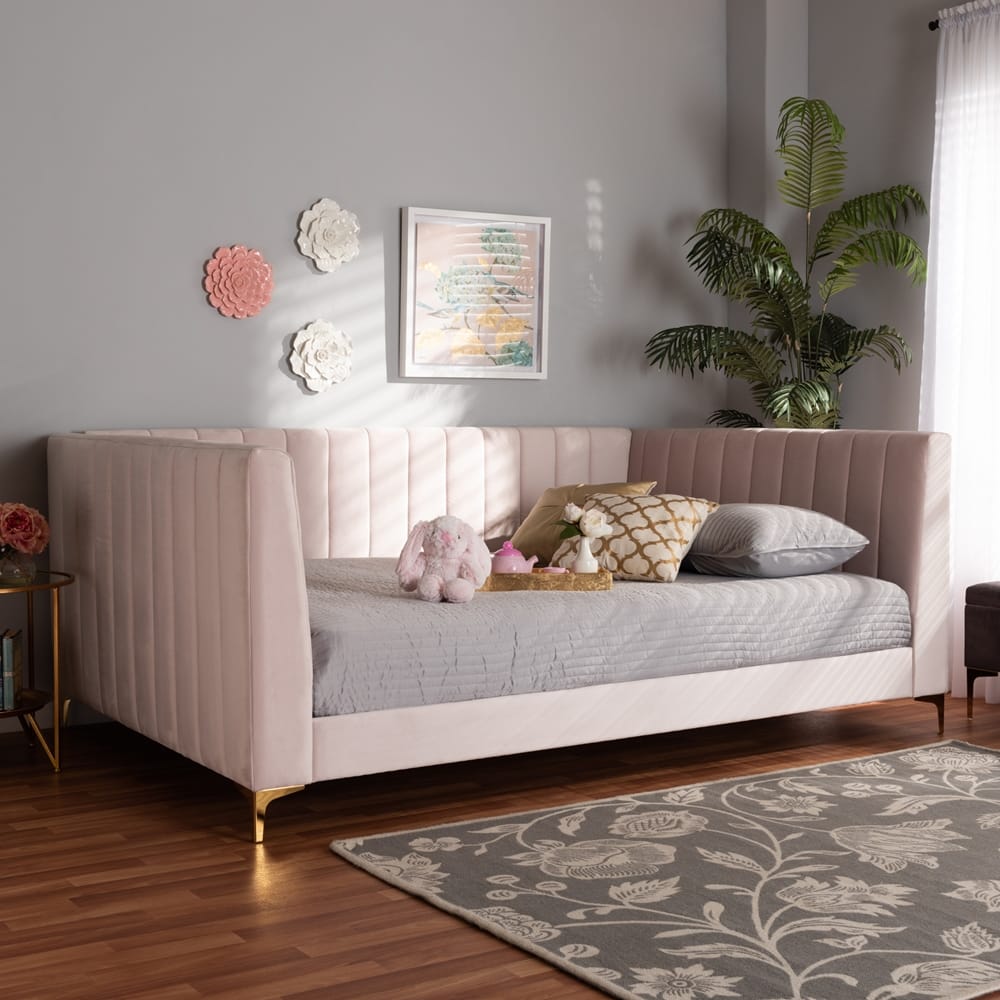Baxton Studio - Oksana Queen Size Daybed in Light pink/Gold - CF0344-Light Pink Daybed-Queen view 6