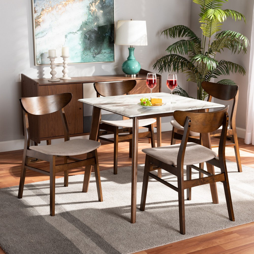 Baxton Studio - Paras Dining Set in Light Beige/Walnut Brown/Marble - Paras-Latte/Walnut-5PC Dining Set view 7