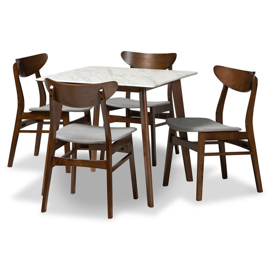 Baxton Studio - Paras Dining Set in Light Grey/Walnut Brown/Marble - Paras-Smoke/Walnut-5PC Dining Set view 1