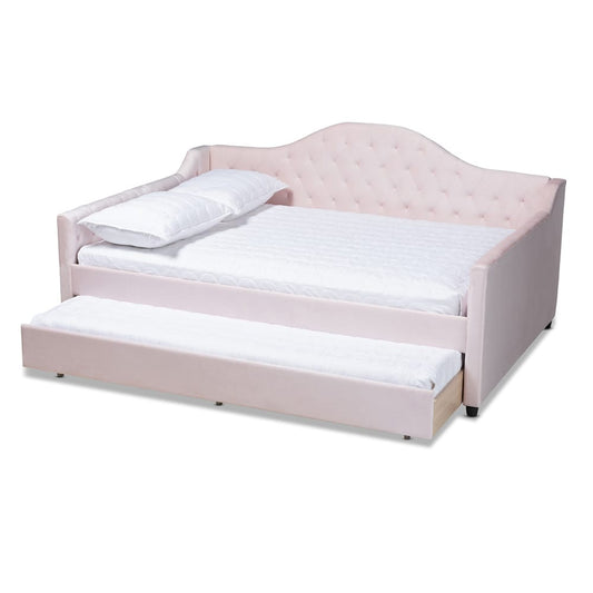 Baxton Studio - Perry Full Size Daybed with Trundle in Light Pink - CF8940-Light Pink-Daybed-F/T view 2