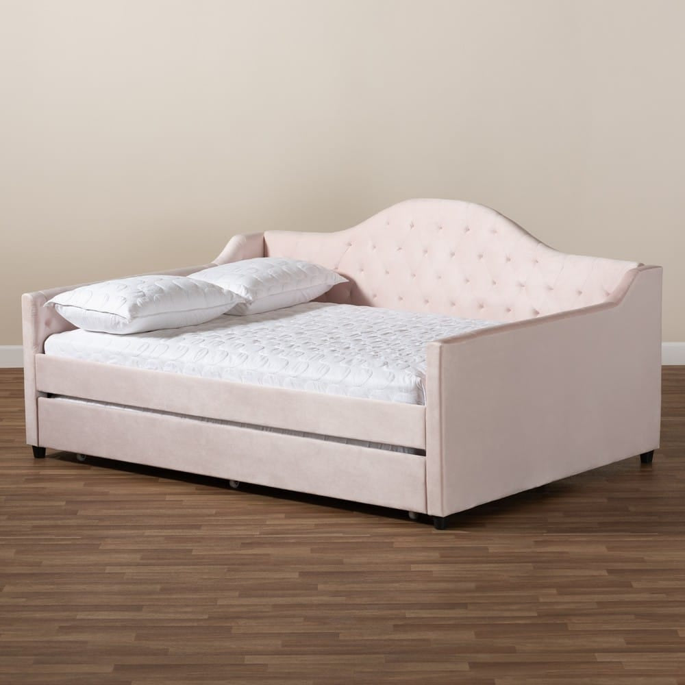 Baxton Studio - Perry Full Size Daybed with Trundle in Light Pink - CF8940-Light Pink-Daybed-F/T view 7