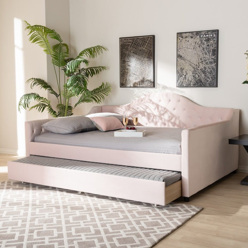 Baxton Studio - Perry Full Size Daybed with Trundle in Light Pink - CF8940-Light Pink-Daybed-F/T view 8