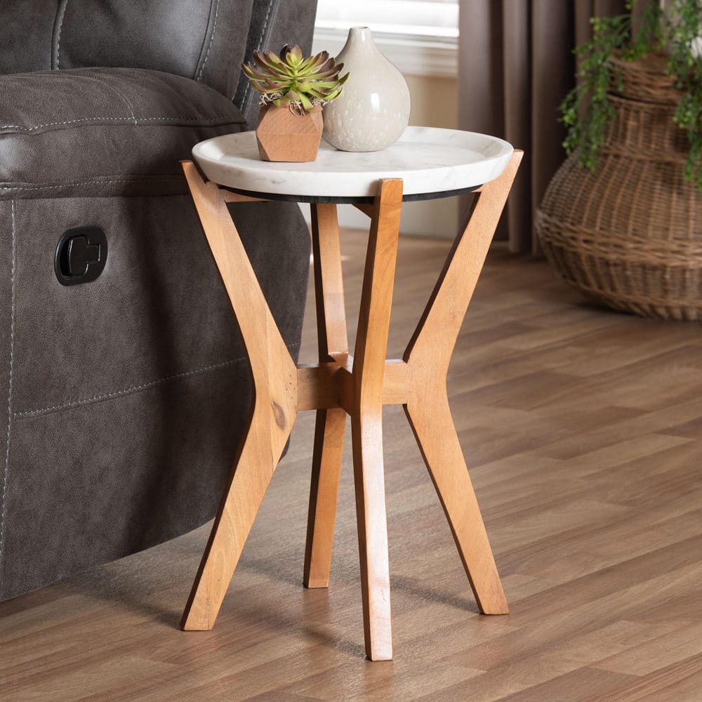 Baxton Studio - Phaedra End Table in Marble White/Walnut Brown - FUR6891-Marble Tray-ET view 6