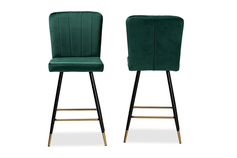 Baxton Studio - Preston Barstool Set of 2 - DC179-Emerald Green Velvet/Gold-BS view 2
