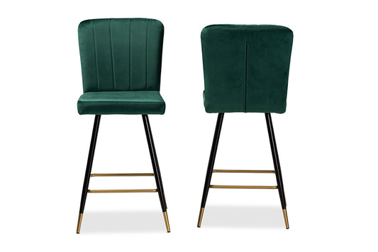 Baxton Studio - Preston Barstool Set of 2 - DC179-Emerald Green Velvet/Gold-BS view 2