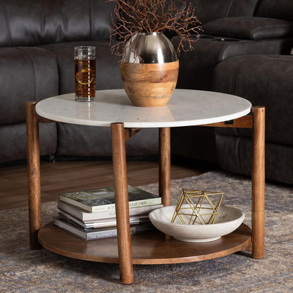 Baxton Studio - Quindalyn Coffee Table in Marble White/Walnut Brown - FUR6890-Natural Marble Top 2 Tier-CT view 6