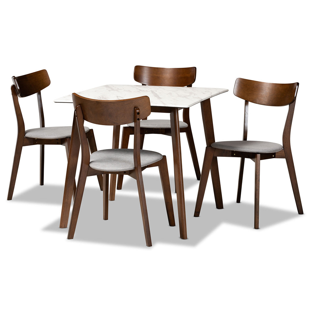 Baxton Studio - Reba Dining Set in Light Grey/Walnut Brown/Marble - Reba-Smoke/Walnut-5PC Dining Set view 1
