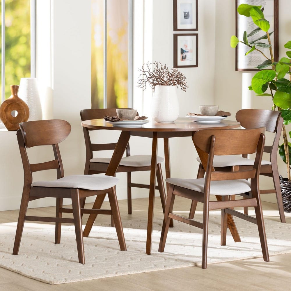 Baxton Studio - Reva Dining Set in Taupe/Walnut Brown - Everwood/Hexa-Taupe/Walnut-5PC Dining Set view 8