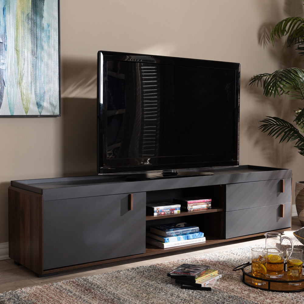 Baxton Studio - Rikke TV Stand in Gray/Walnut - BR3TV313-Columbia/Dark Grey-TV view 6