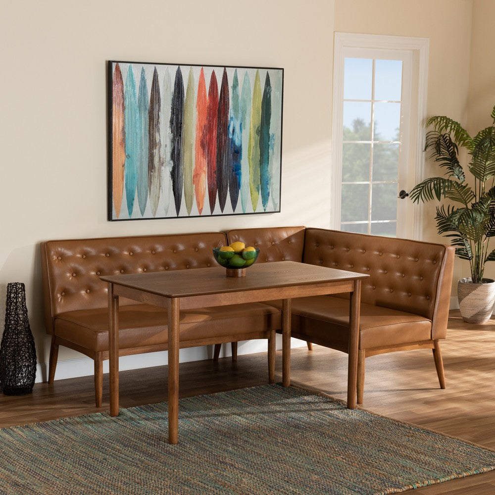 Baxton Studio - Riordan Dining Set in Tan/Walnut Brown - BBT8051.13-Tan/Walnut-3PC Dining Nook Set view 8