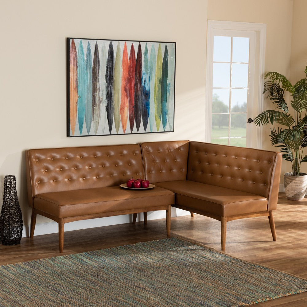Baxton Studio - Riordan Dining Sofa Bench in Tan/Walnut Brown - BBT8051.13-Tan/Walnut-2PC SF Bench view 6