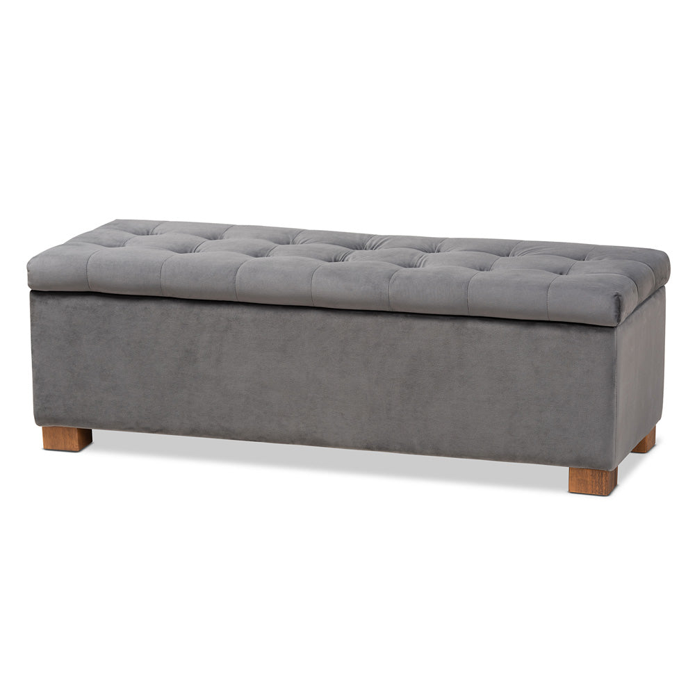 Baxton Studio - RoaNoke Storage Ottoman in Grey/Brown - BBT3101-Grey Velvet/Walnut-Otto view 1