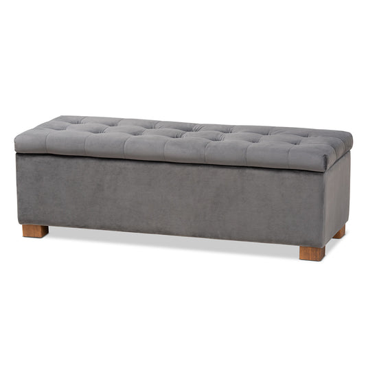 Baxton Studio - RoaNoke Storage Ottoman in Grey/Brown - BBT3101-Grey Velvet/Walnut-Otto view 1