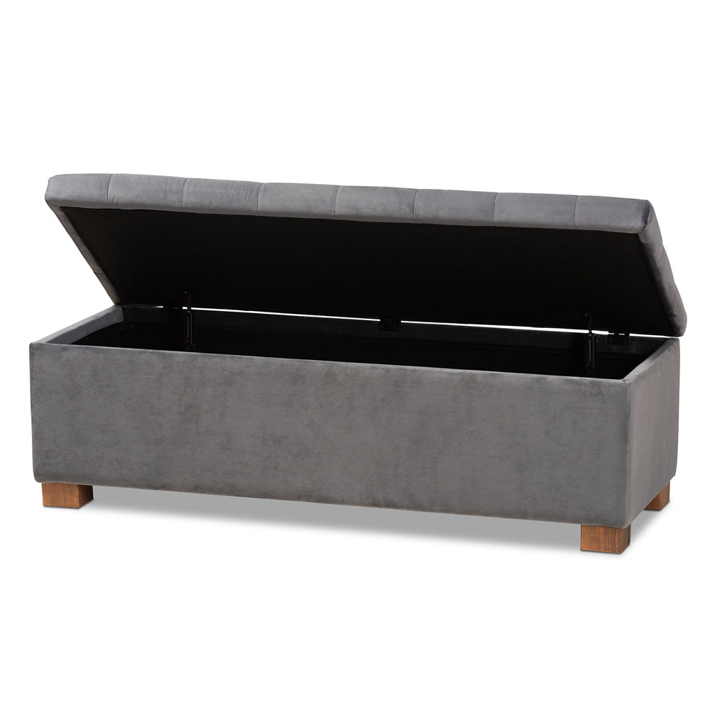 Baxton Studio - RoaNoke Storage Ottoman in Grey/Brown - BBT3101-Grey Velvet/Walnut-Otto view 2