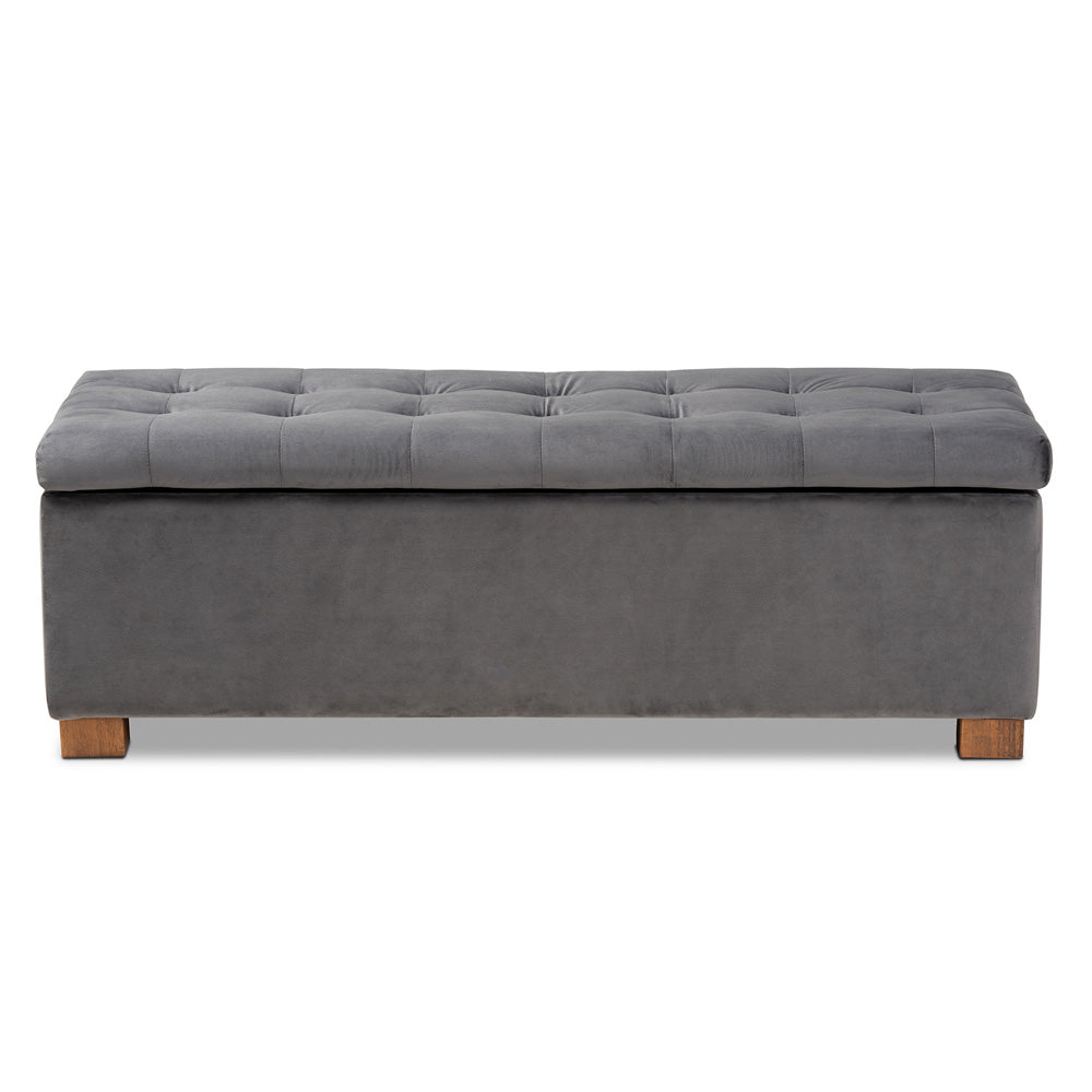 Baxton Studio - RoaNoke Storage Ottoman in Grey/Brown - BBT3101-Grey Velvet/Walnut-Otto view 3