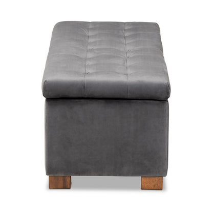 Baxton Studio - RoaNoke Storage Ottoman in Grey/Brown - BBT3101-Grey Velvet/Walnut-Otto view 4