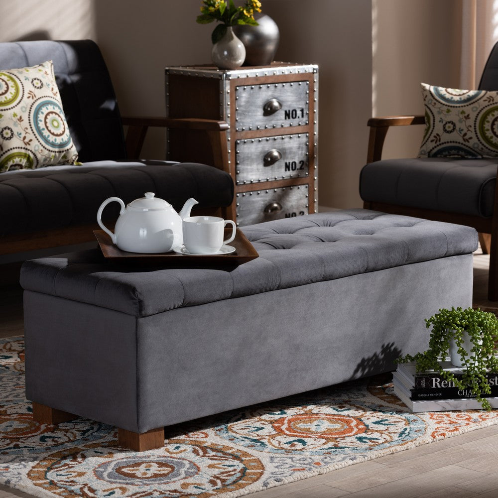 Baxton Studio - RoaNoke Storage Ottoman in Grey/Brown - BBT3101-Grey Velvet/Walnut-Otto view 8