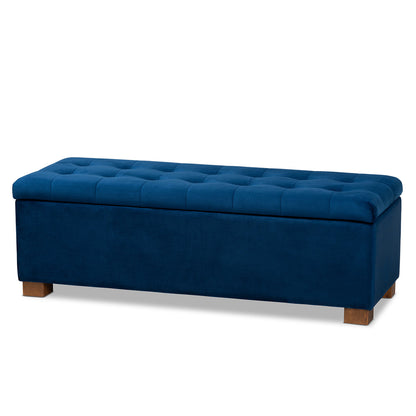 Baxton Studio - RoaNoke Storage Ottoman in Navy Blue/Brown - BBT3101-Navy Velvet/Walnut-Otto view 1