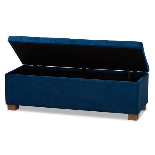 Baxton Studio - RoaNoke Storage Ottoman in Navy Blue/Brown - BBT3101-Navy Velvet/Walnut-Otto view 2