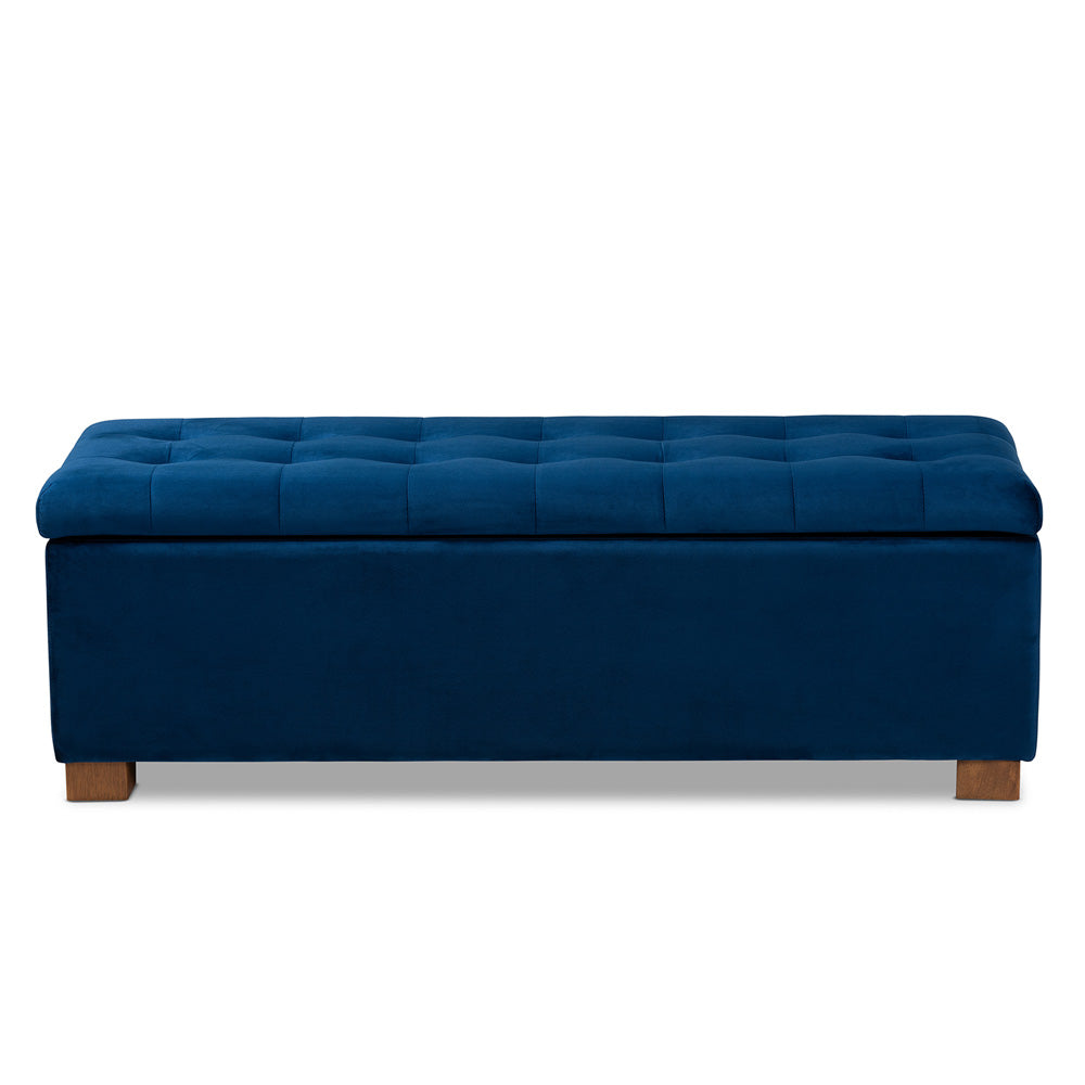 Baxton Studio - RoaNoke Storage Ottoman in Navy Blue/Brown - BBT3101-Navy Velvet/Walnut-Otto view 3