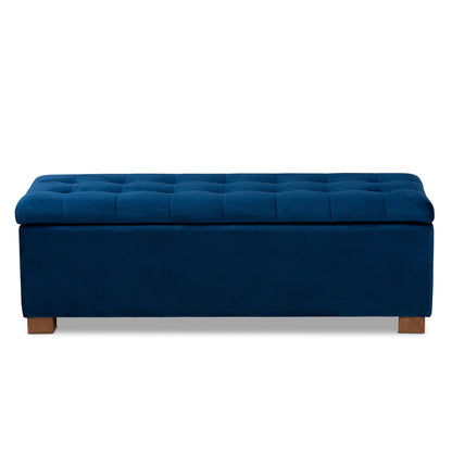 Baxton Studio - RoaNoke Storage Ottoman in Navy Blue/Brown - BBT3101-Navy Velvet/Walnut-Otto view 3