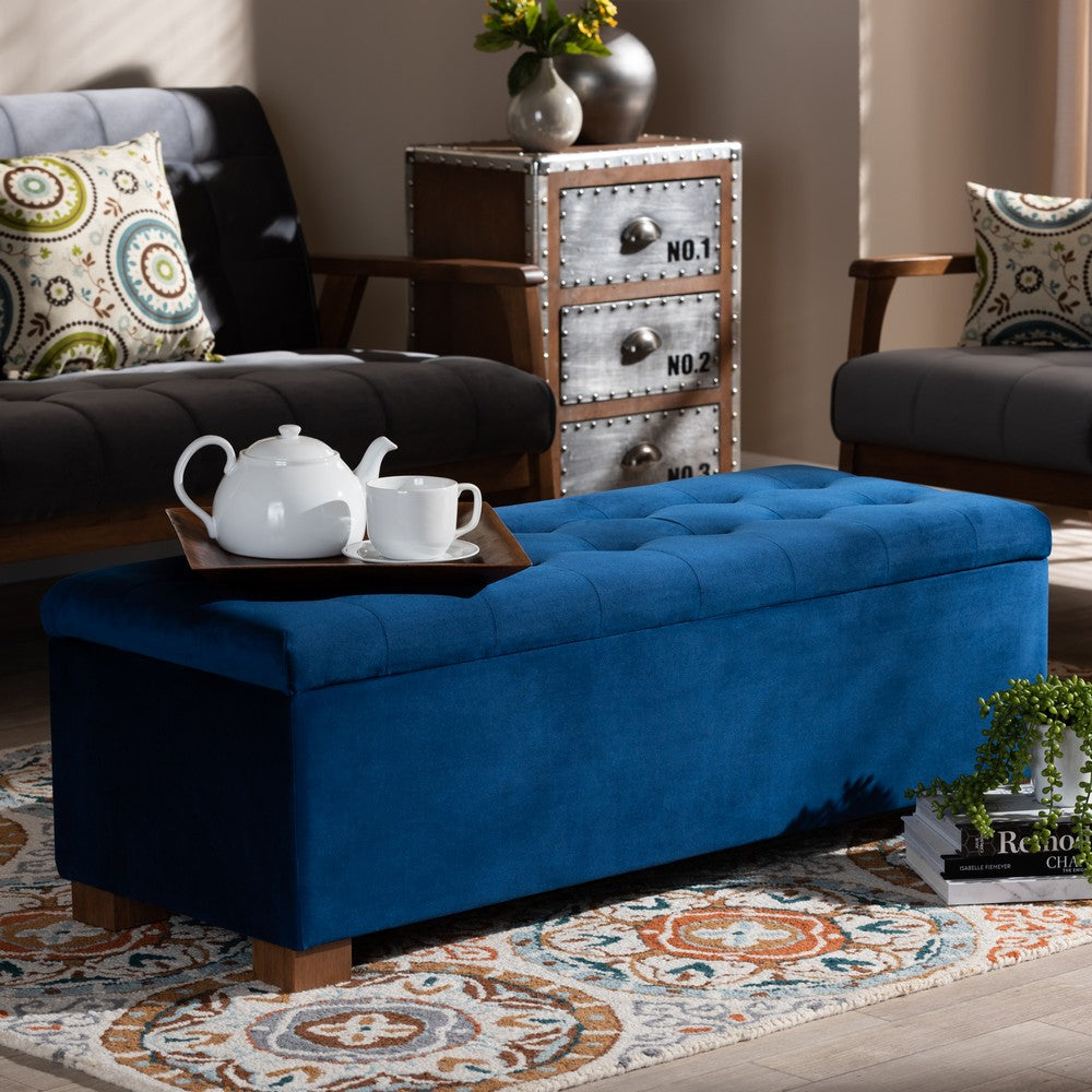 Baxton Studio - RoaNoke Storage Ottoman in Navy Blue/Brown - BBT3101-Navy Velvet/Walnut-Otto view 8