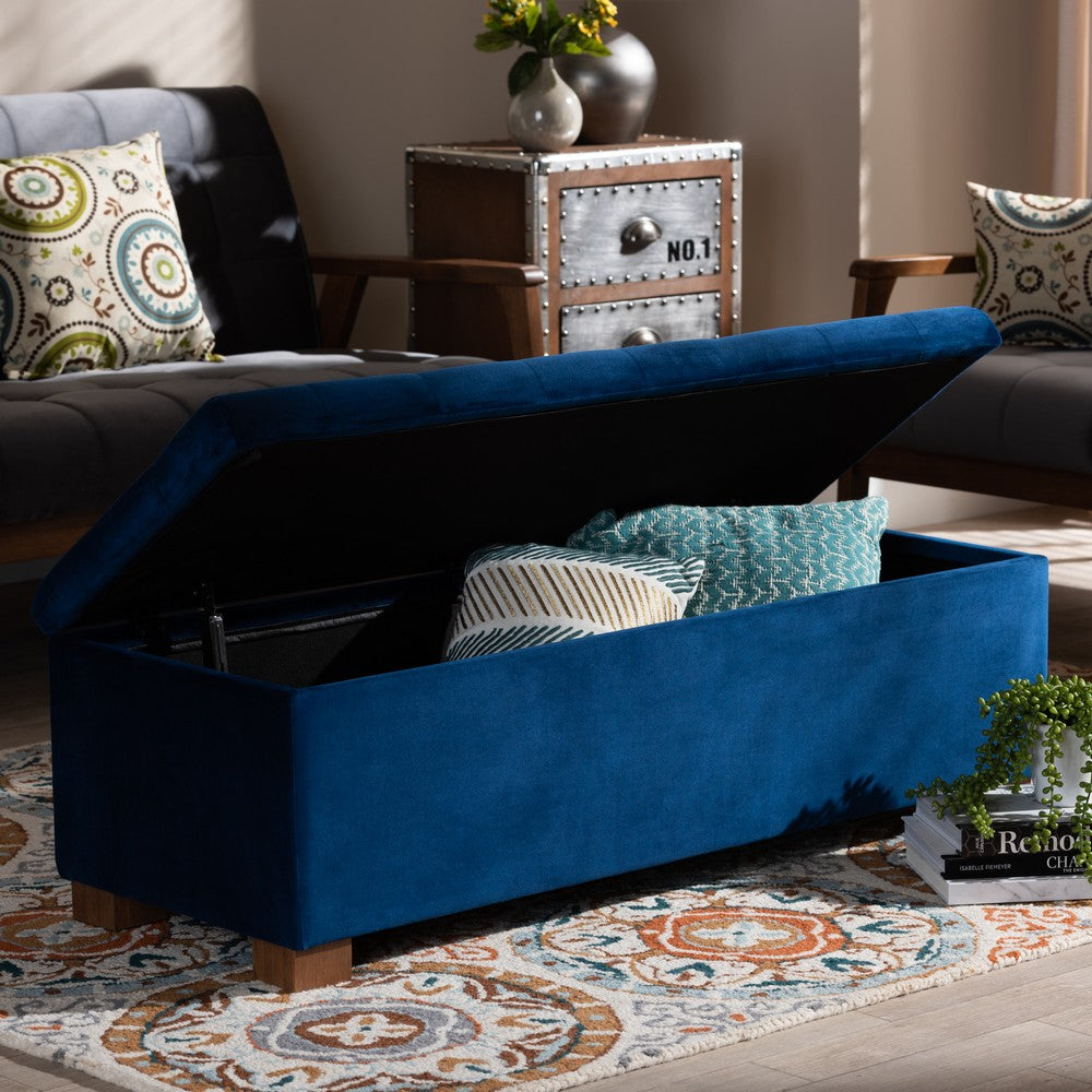 Baxton Studio - RoaNoke Storage Ottoman in Navy Blue/Brown - BBT3101-Navy Velvet/Walnut-Otto view 9