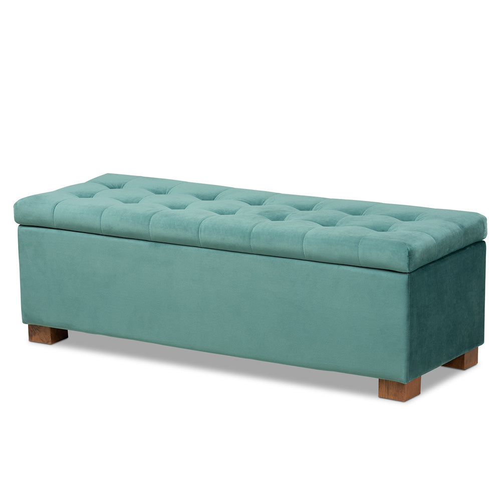 Baxton Studio - RoaNoke Storage Ottoman in Teal Blue/Brown - BBT3101-Teal Velvet/Walnut-Otto view 1