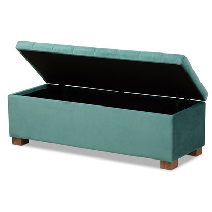 Baxton Studio - RoaNoke Storage Ottoman in Teal Blue/Brown - BBT3101-Teal Velvet/Walnut-Otto view 2