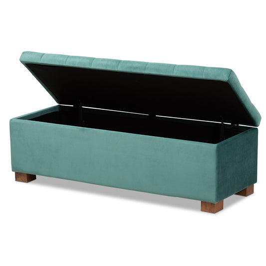Baxton Studio - RoaNoke Storage Ottoman in Teal Blue/Brown - BBT3101-Teal Velvet/Walnut-Otto view 2