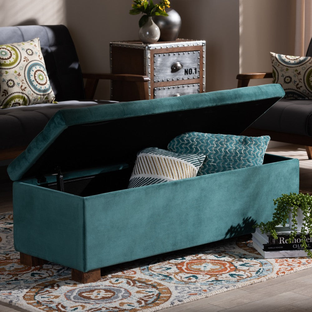 Baxton Studio - RoaNoke Storage Ottoman in Teal Blue/Brown - BBT3101-Teal Velvet/Walnut-Otto view 9