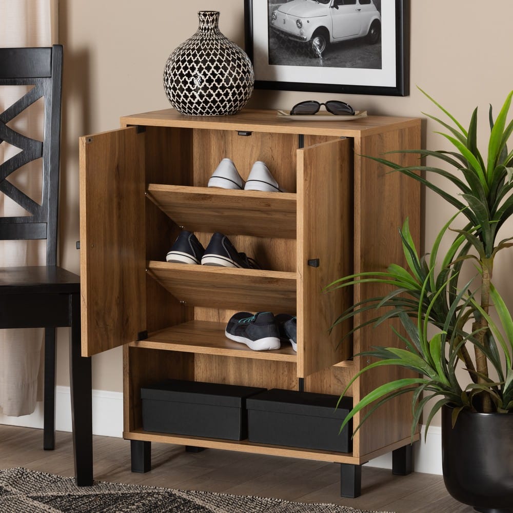 Baxton Studio - Rossin Shoe Cabinet in Oak/Black - ATSC1613-Wotan Oak-Shoe Cabinet view 8