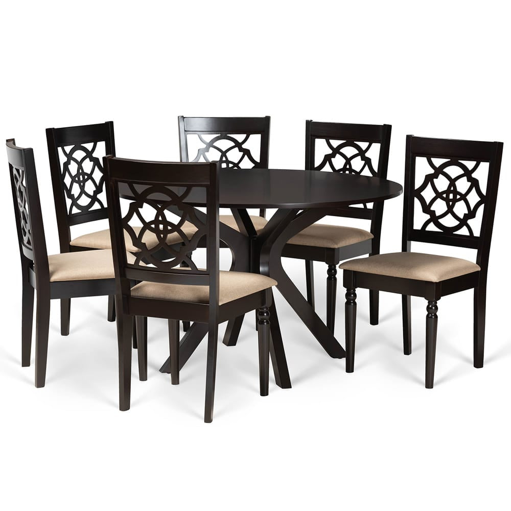 Baxton Studio - Sadie Dining Set in Sand/dark brown - Sadie-Sand/Dark Brown-7PC Dining Set view 1