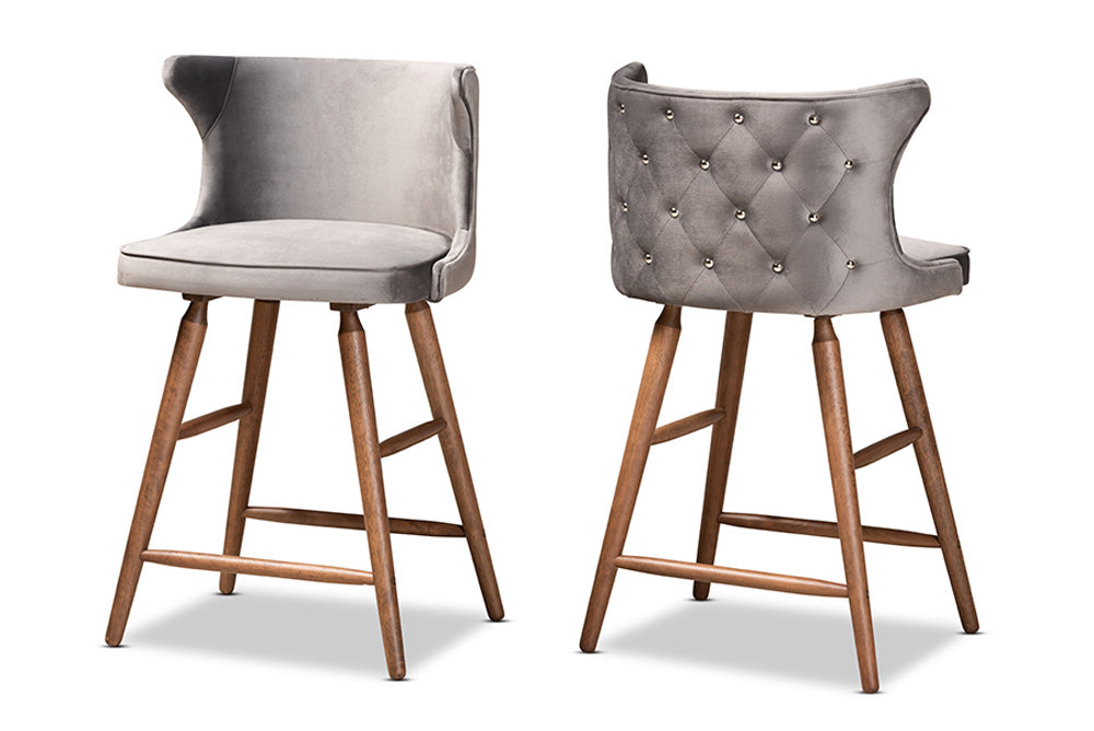 Baxton Studio - Sagira Counter Stool Set of 2 - RDC817-AC-Grey Velvet/Walnut-CS-2PC Set view 1
