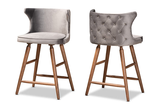 Baxton Studio - Sagira Counter Stool Set of 2 - RDC817-AC-Grey Velvet/Walnut-CS-2PC Set view 1