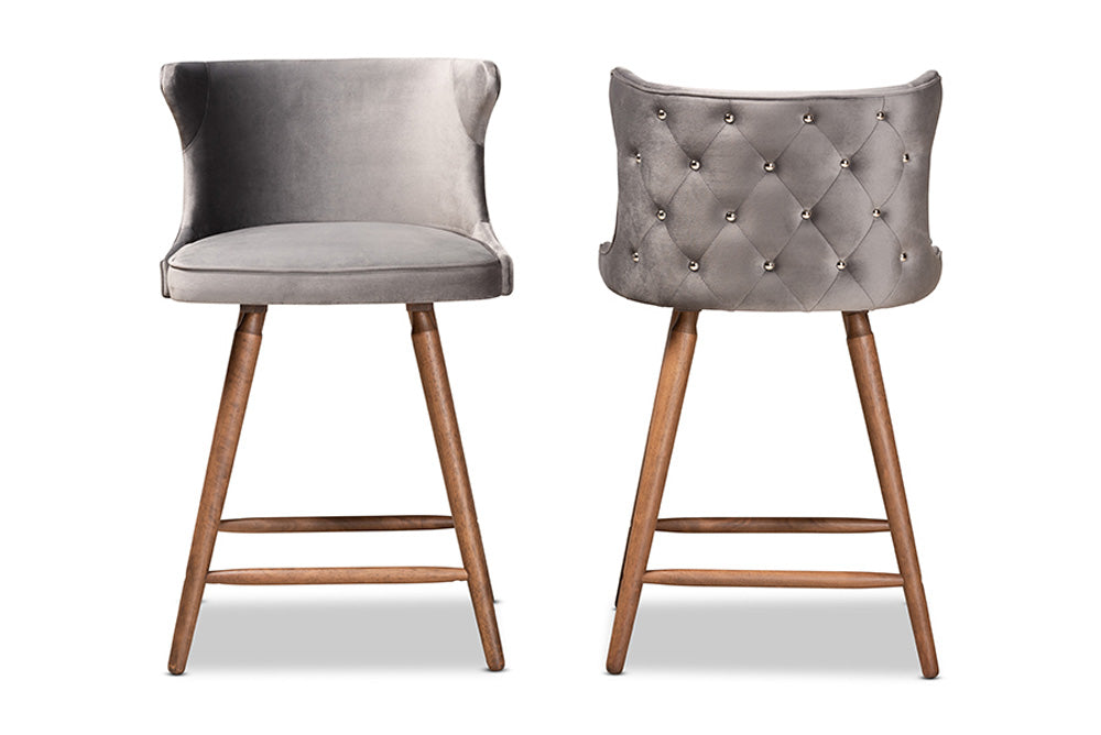 Baxton Studio - Sagira Counter Stool Set of 2 - RDC817-AC-Grey Velvet/Walnut-CS-2PC Set view 2