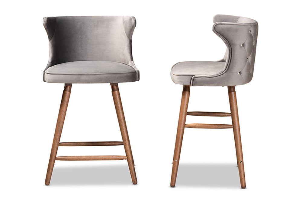 Baxton Studio - Sagira Counter Stool Set of 2 - RDC817-AC-Grey Velvet/Walnut-CS-2PC Set view 3