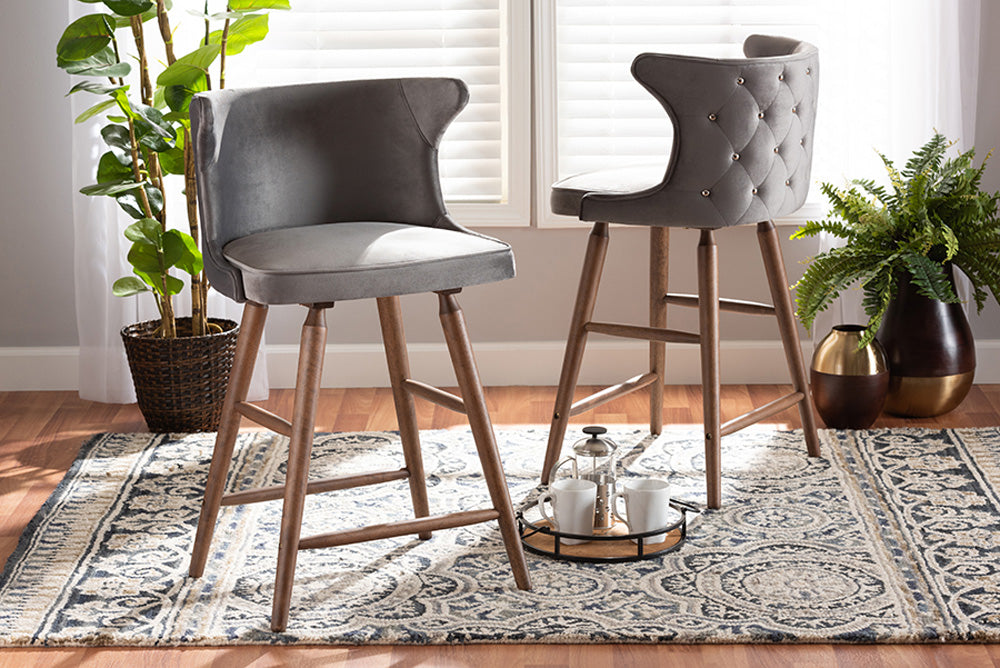 Baxton Studio - Sagira Counter Stool Set of 2 - RDC817-AC-Grey Velvet/Walnut-CS-2PC Set view 5